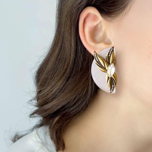 Vintage Gold Leaf Half Circle Stud Earrings, Lightweight Brass, Pearlized White and Crystal Flower Statement Studs; Unique Jewelry, S190561