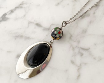 Black and Silver Pendant Necklace, Vintage Silver Oval Pendant, Black Cabochon, Cloisonne Flower Bead, Choice of Length Steel Chain N009