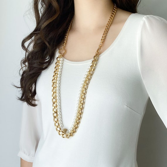 Two in One Pearl Chain Necklace, Wear Long or Short, Gold Chunky Chain Statement Necklace, Wear Two Ways, Multi Strand, N503-GWP