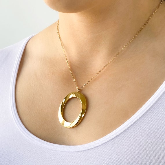 Gold Hoop Pendant Necklace, Vintage Gold Tone Mon… - image 1