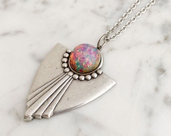 Art Deco Necklace, Silver Shield with Pink Opal Cabochon Art Deco Style Pendant Necklace, N931