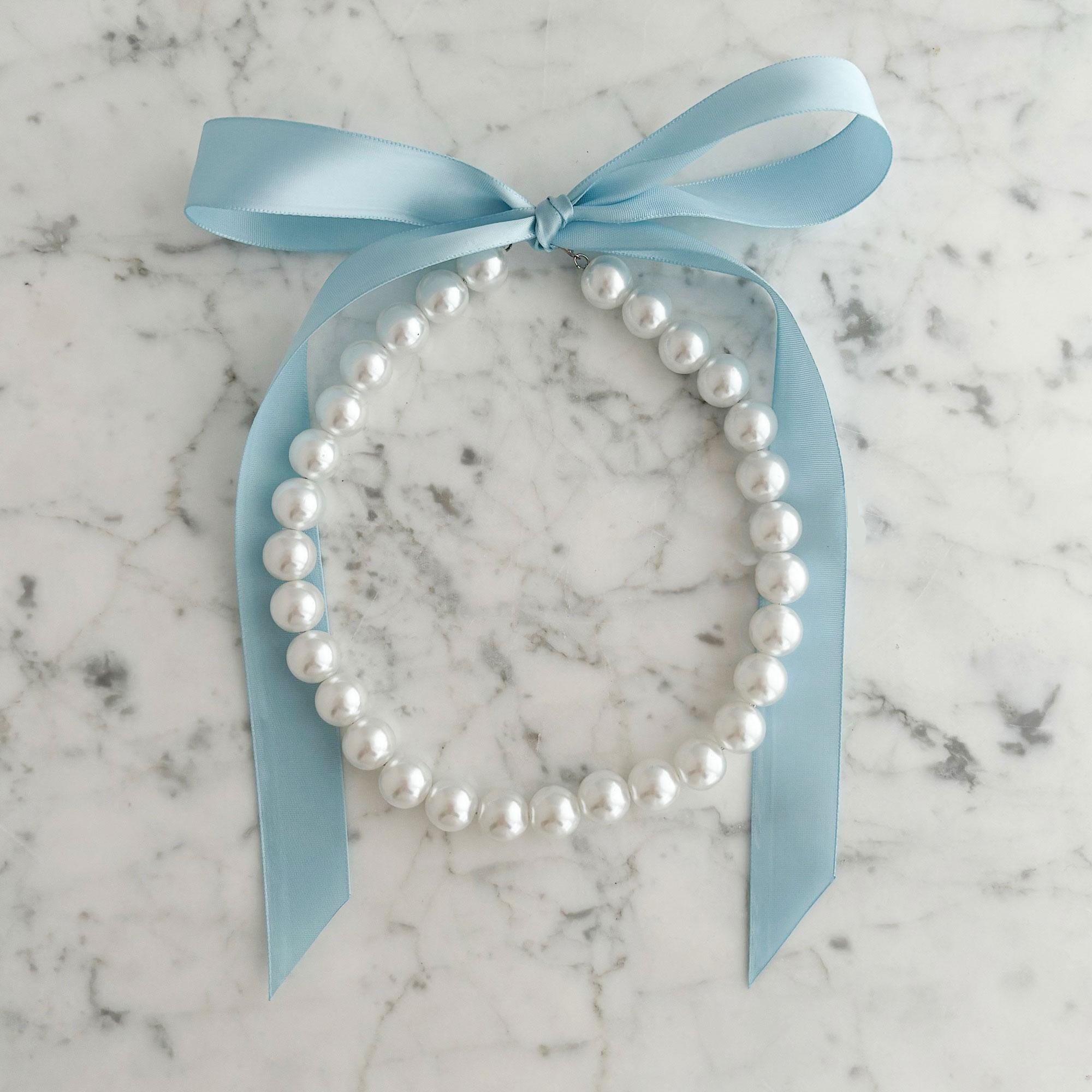 Chunky Pearl Ribbon Necklace • Light Blue Satin Ribbon Tie • White