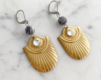 Art Deco Earrings; Golden Shields with Matte Map Stones on Steel Lever Back Wires; Long Lightweight Dangle Brass Statement Earrings; E944