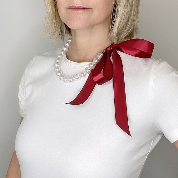 Chunky Pearl Ribbon Necklace • Red Satin Ribbon Tie Pearl