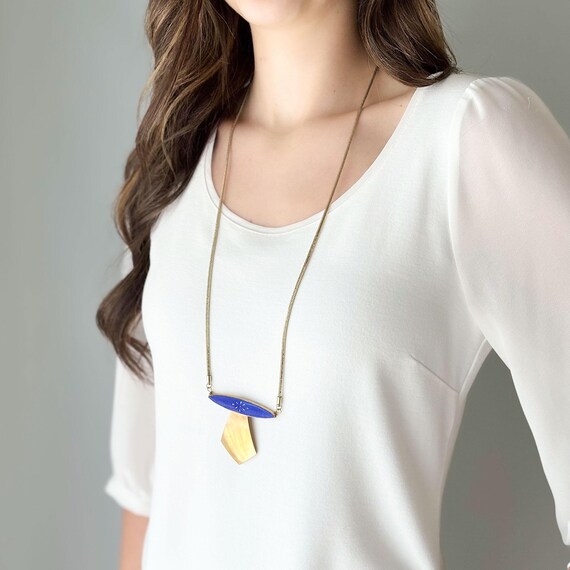 Vintage Brass Blue Enamel Art Deco Necklace; One of a Kind