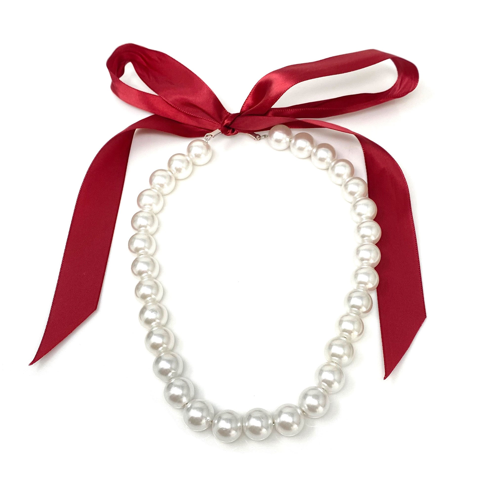 Chunky Pearl Ribbon Necklace • Red Satin Ribbon Tie Pearl