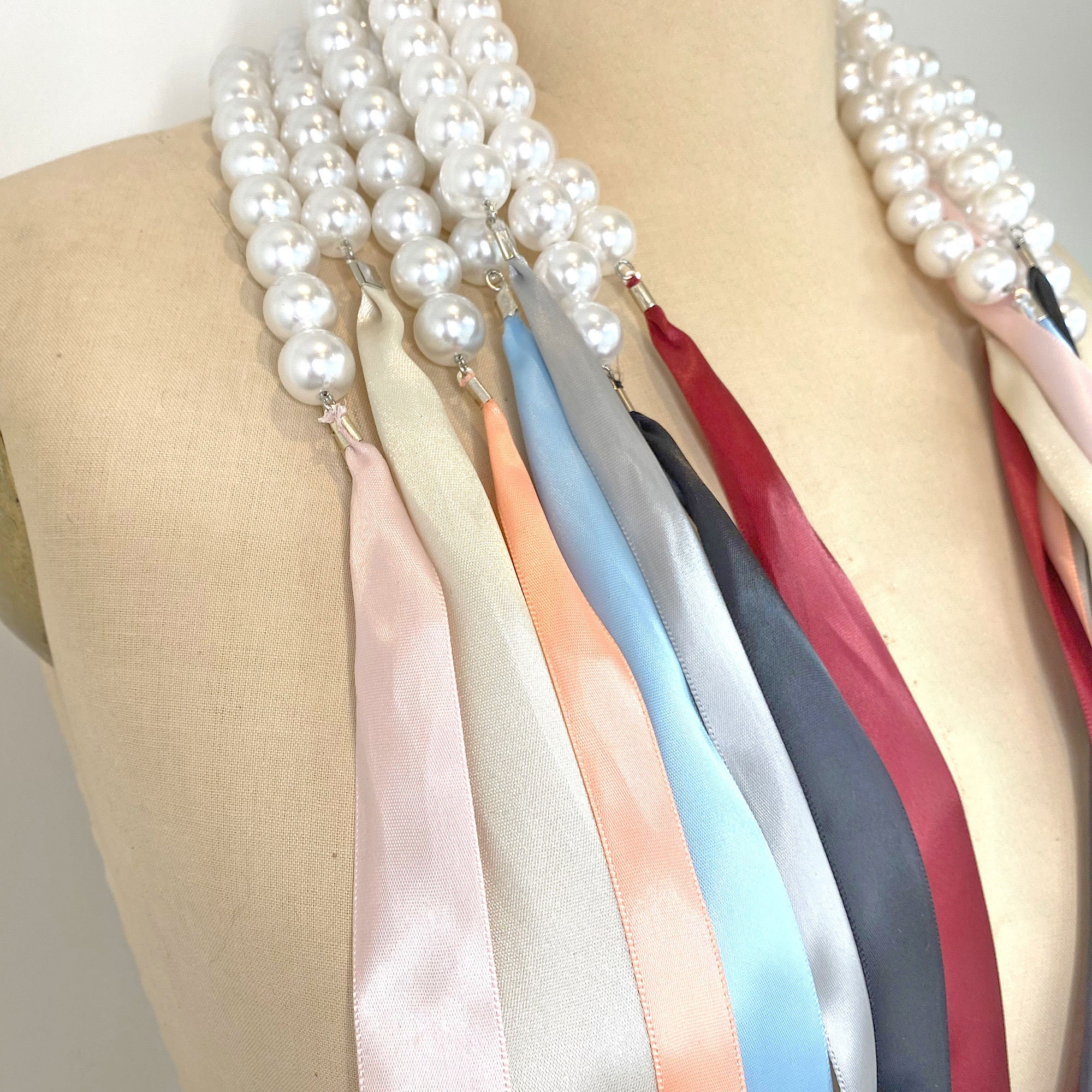 Chunky Pearl Ribbon Necklace • Grey Satin Ribbon Tie Pearl