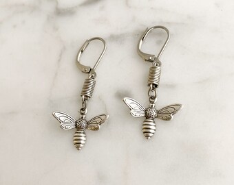 Silver Bee Earrings, Oxidized Insect Earrings, Cottagecore Jewelry, Fun Entomology Gift for Entomologist, E952