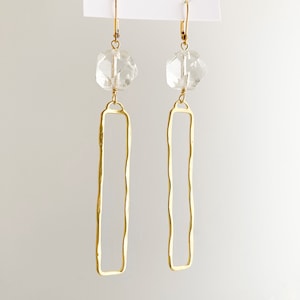 Long Gold Earrings with Antique French Crystals, Hand Cut Rock Crystals from the 1800&#39;s sourced in Paris France, Rectangular Shape, E2113-FC