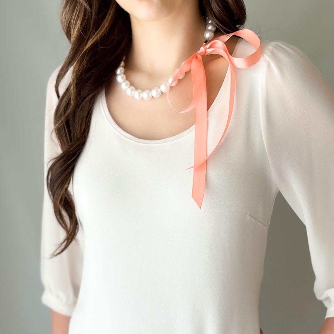 Chunky Pearl Ribbon Necklace • Coral Satin Ribbon Tie • White