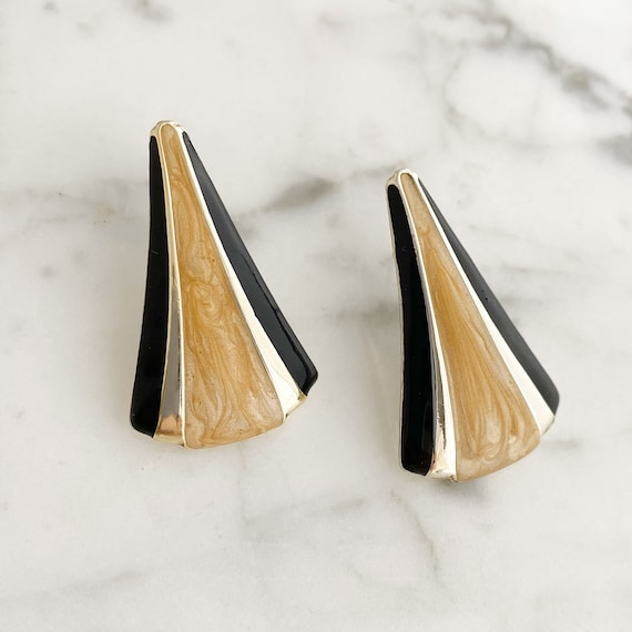 80s Black Gold and Beige Enamel Triangle Studs, Vintage