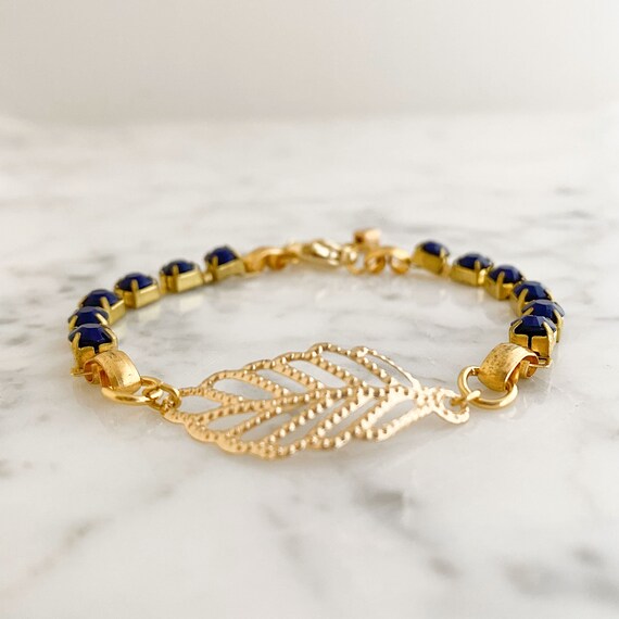 Blue Rhinestone and Gold Leaf Bracelet, Vintage B… - image 1
