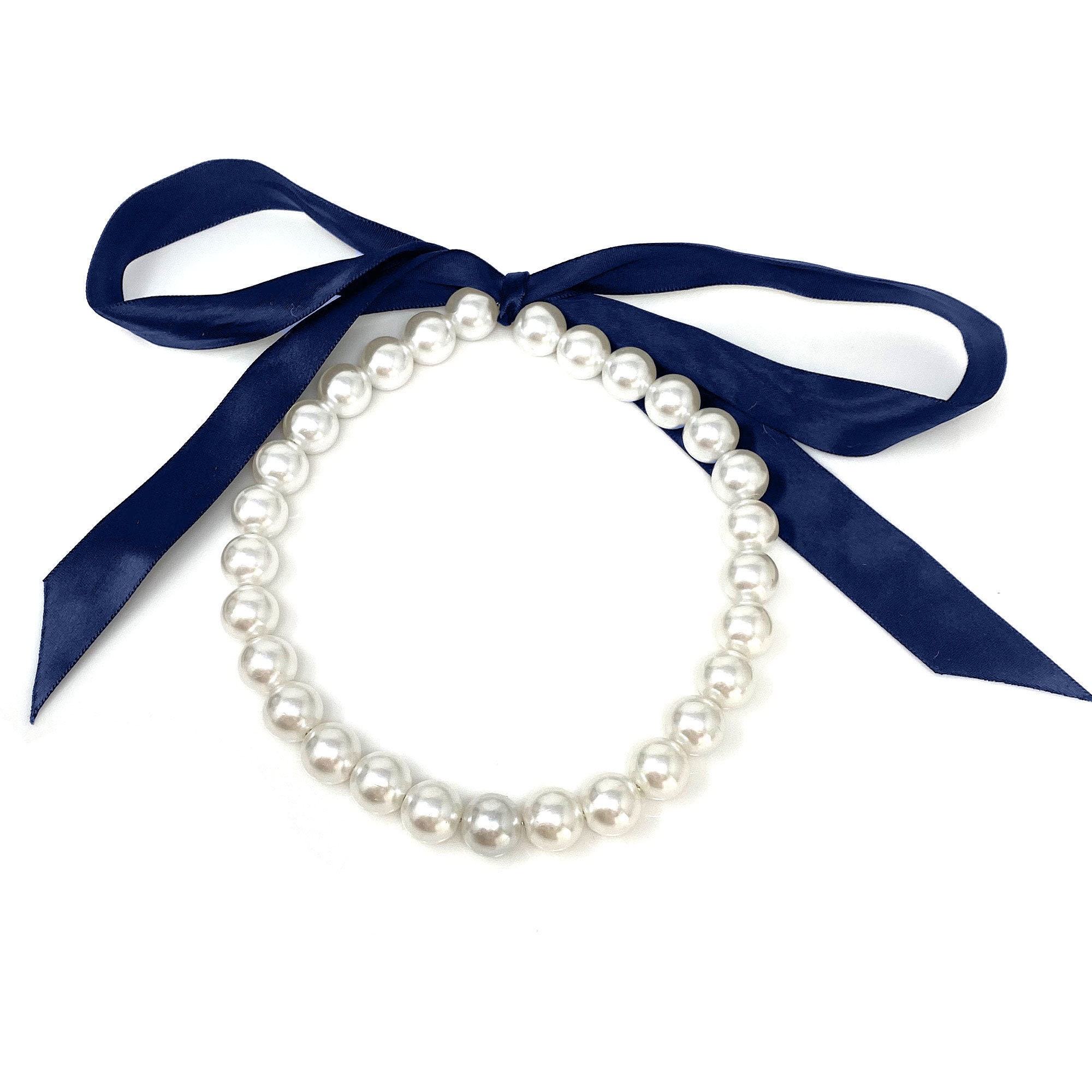 Chunky Pearl Ribbon Necklace; Pearl and Navy Blue Satin