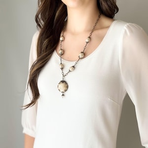 Victorian Brass Frost Shell Pendant Necklace, Mid Chest Length, Dark Oxidized Antique Gold Chain, Lightweight Jewelry, N220365