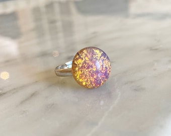 Silver Opal Ring, Pink Stone and Gold Fleck Costume Jewelry, Adjustable Cocktail Ring, Gift for Her, Pink Ring, R617