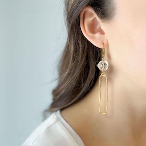 Long Gold Earrings with Antique French Crystals, Hand Cut Rock Crystals from the 1800's sourced in Paris France, Rectangular Shape, E2113-FC
