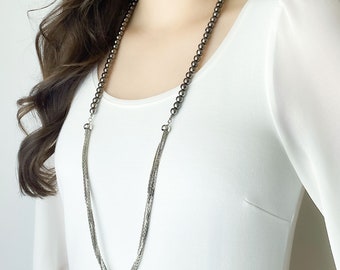 Long Multi Strand Silver Necklace, Vintage Snake Chains with Vintage Hematite Beads, no Clasp, Just Throw on and Go, N170223