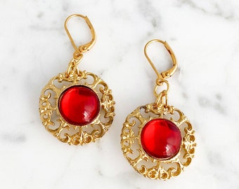 Red and Gold Earrings, Vintage Warm Red Glass Cabochons in Gold Tone Filigree Frames on 18kt Gold Plated Wires, July Birthday Gift, E190085