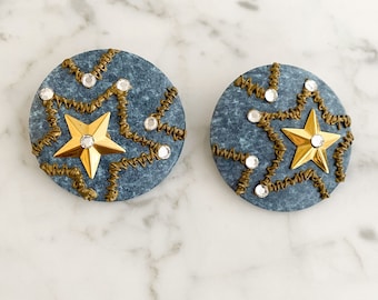 1980s Blue Circle Star Studs, Statement 80s Earrings, Vintage Denim Blue Large Stud Earrings, Gold Star Earrings, S230383