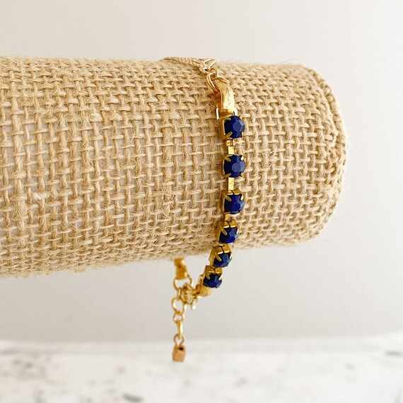Blue Rhinestone and Gold Leaf Bracelet, Vintage B… - image 6