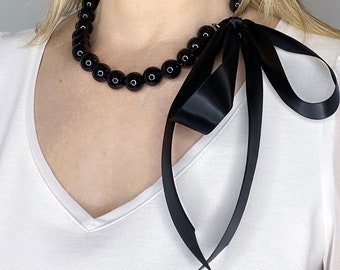 Black Pearl Ribbon Necklace • Pearl Necklace with Ribbon Tie and Your Choice of Color • Gift for Her by Green Bijou • N2114