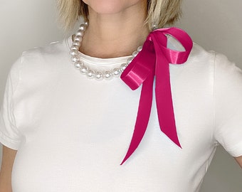 White Pearl & Bright Pink Ribbon Tie Necklace, Your Choice