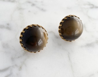 Brown Stud Earrings, Large Taupe Cabochons in Gold Crown Frames, Lightweight Statement Studs Made from Vintage Clip On Earrings, S170146