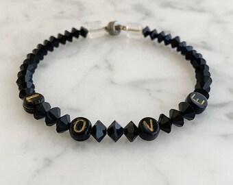 LOVE Bracelet made with Vintage Black Crystals on Memory Wire with Gold Love Letters and Magnetic Clasp, Gift for Someone you Love, B402-B