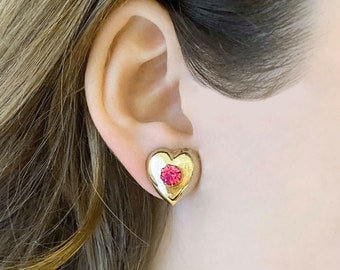 Gold Heart Studs; Gold Tone Dome Hearts with Pink Crystal Centres, made from Vintage Clip Earrings, Gold and Hot Pink Heart Earrings S200011