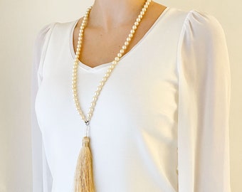 Pearl and Champagne Tassel Necklace; Vintage Hand Knotted Pearls with a Statement Beige Satin Tassel Pendant; No Clasp Necklace; N902-GC-8