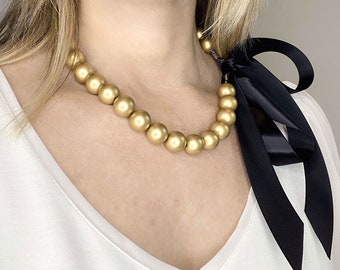 Gold Pearl Ribbon Necklace • Pearl Necklace With Ribbon Tie