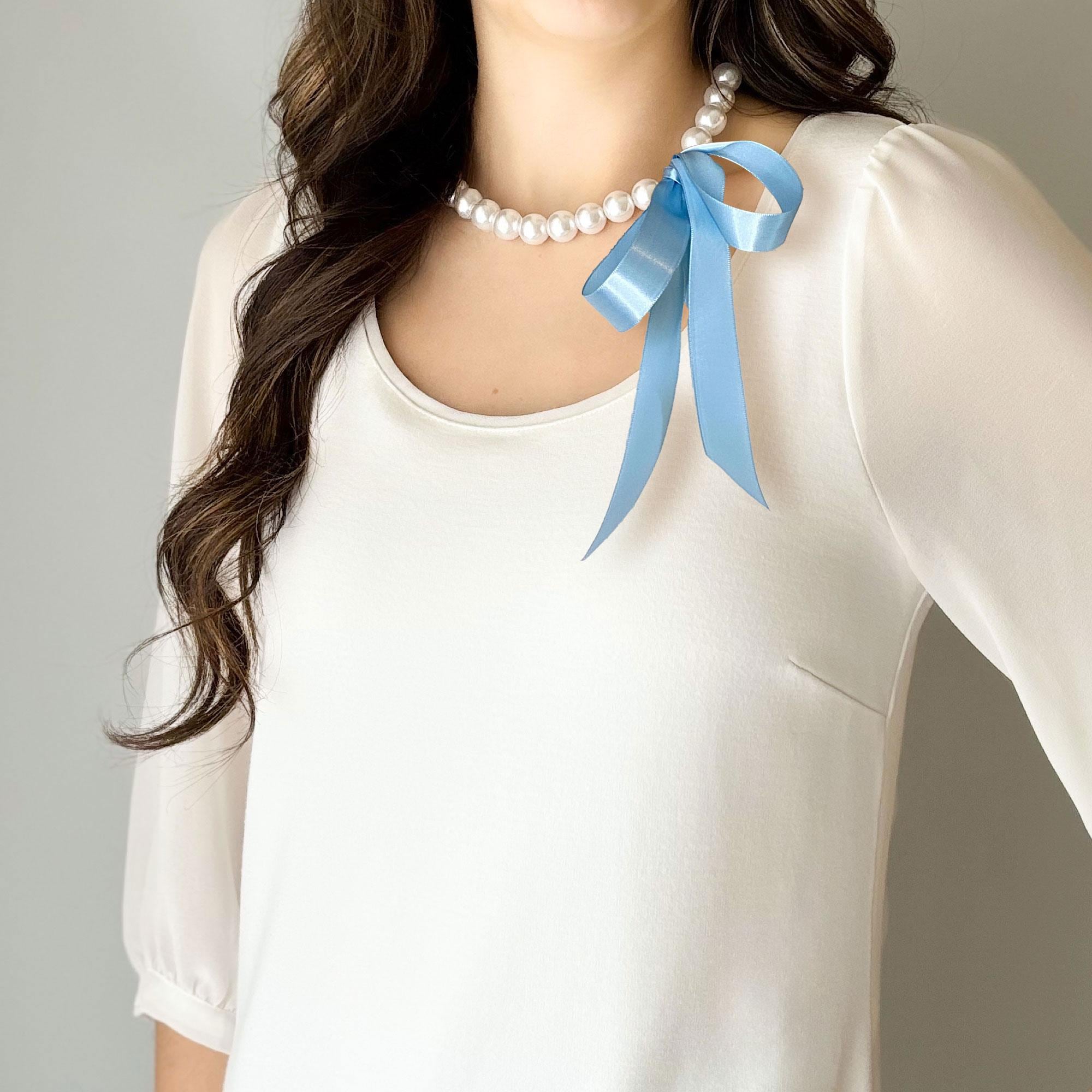 Chunky Pearl Ribbon Necklace • Light Blue Satin Ribbon Tie • White