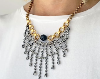 Black Crystal Bib Necklace; Vintage Brass and Mixed Metal Rhinestone Fringe Necklace; Adjustable Length Statement Necklace; N735