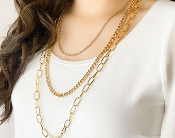 Gold Layer Necklace Set; this Layered Necklace is made with Lightweight Vintage Gold Tone Chains for a Multi Strand All In One Necklace