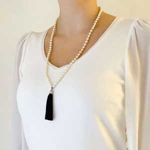 Pearl Tassel Necklace; Vintage Hand Knotted Cream Glass Pearls with Silk Tassel Pendant; Choose from Black Red or Champagne Tassel N909-B-25