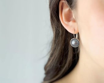 Surgical Steel Grey Pearl Cab Drop Earrings, Everyday Wear Gray Pearl Earrings, Comfortable Style, Dome Shaped, E809-S-GP