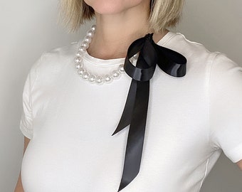 Chunky Pearl Ribbon Necklace • Black Satin Ribbon Tie Pearl Necklace • Your choice of ribbon Color • Gift for Her by Green Bijou • N821-B