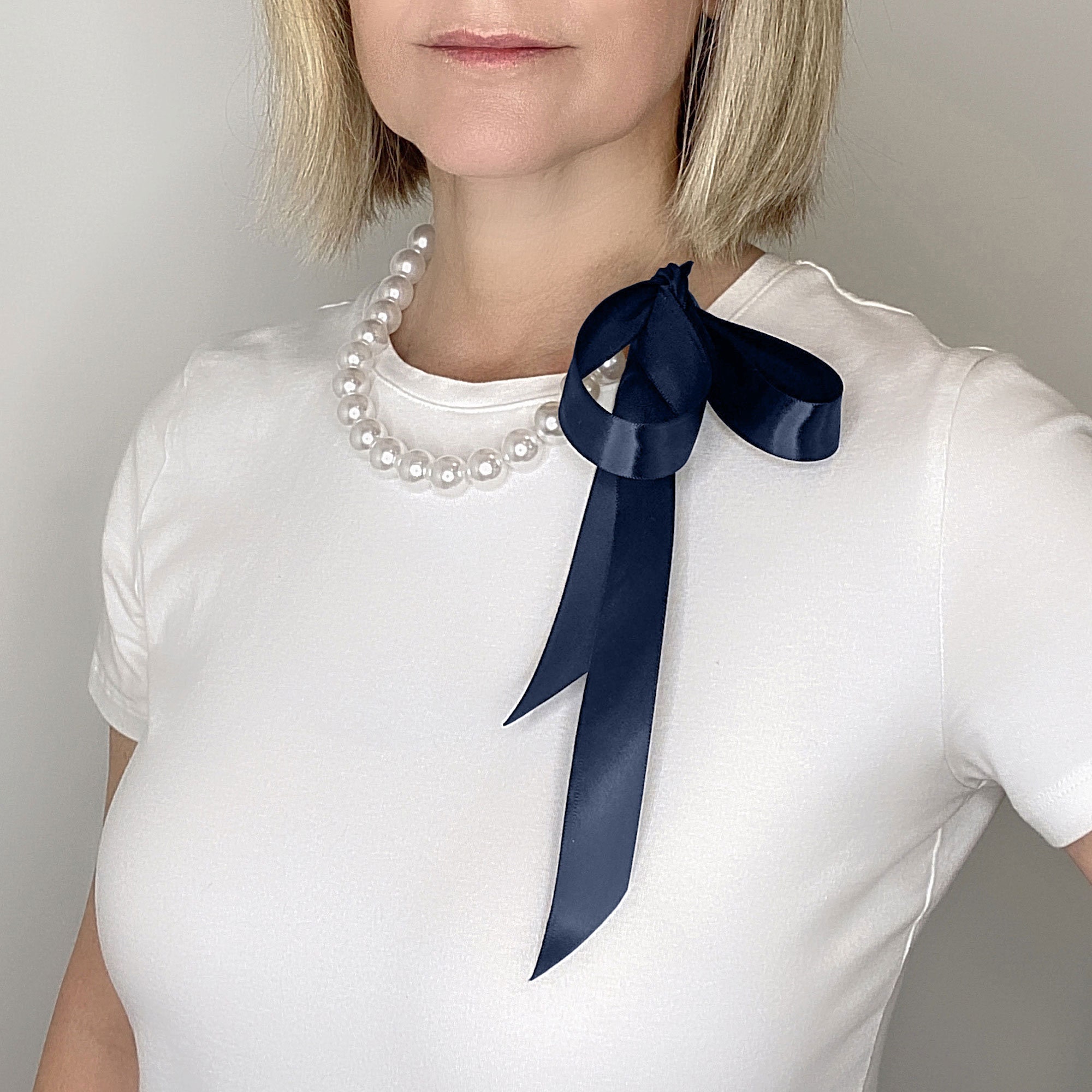 TATIANA☆[Silver925] Ribbon Tie Pearl Necklace Chunky Pearl Ribbon Necklace • Grey Satin Ribbon Tie Pearl