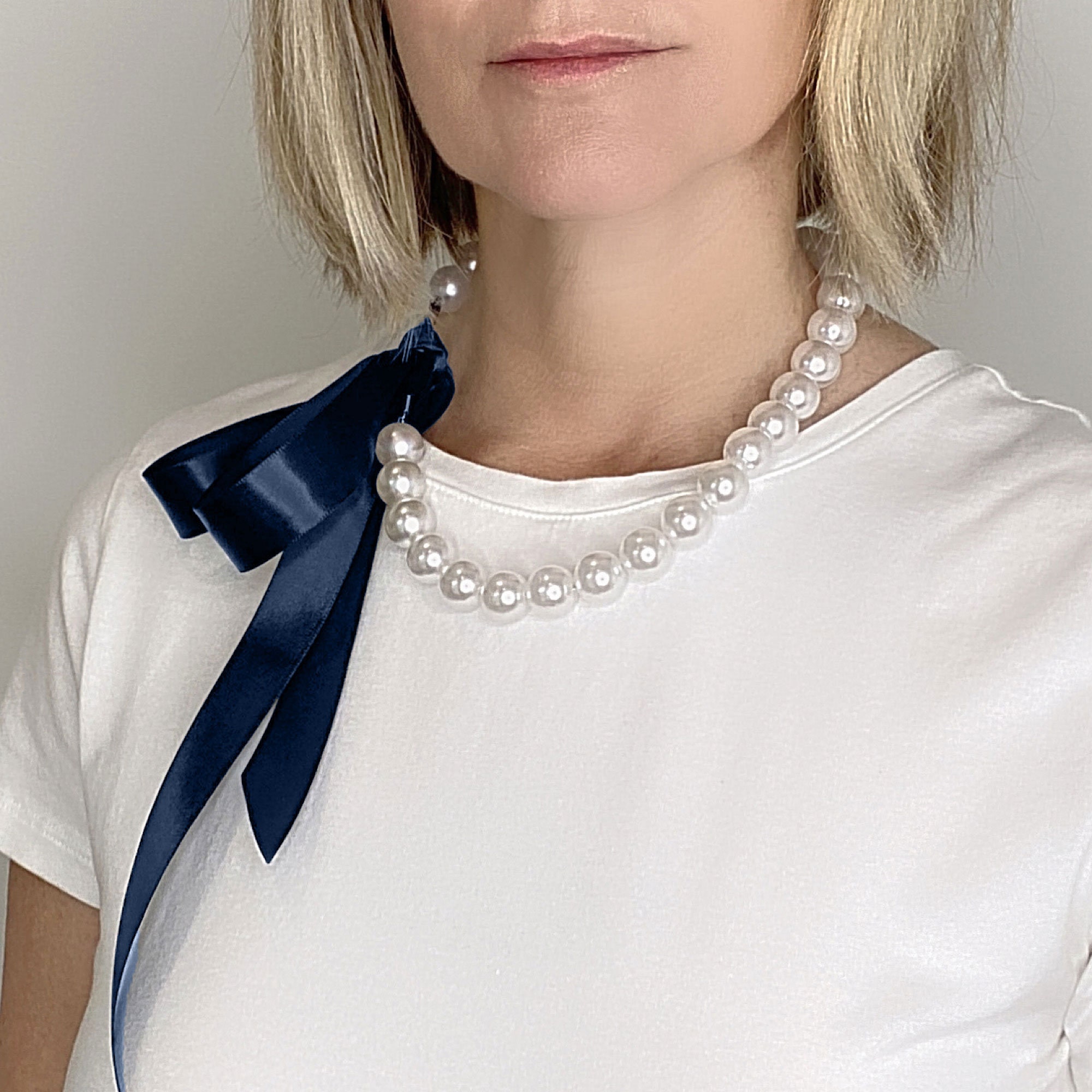 Chunky Pearl Ribbon Necklace; Pearl and Navy Blue Satin
