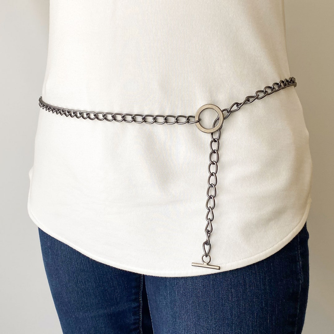 Black Gunmetal Dark Silver Tone Metal Chain Belt Gun Metal Chain Belt; Vintage Dark Chain, Black Chain Link  main image 2