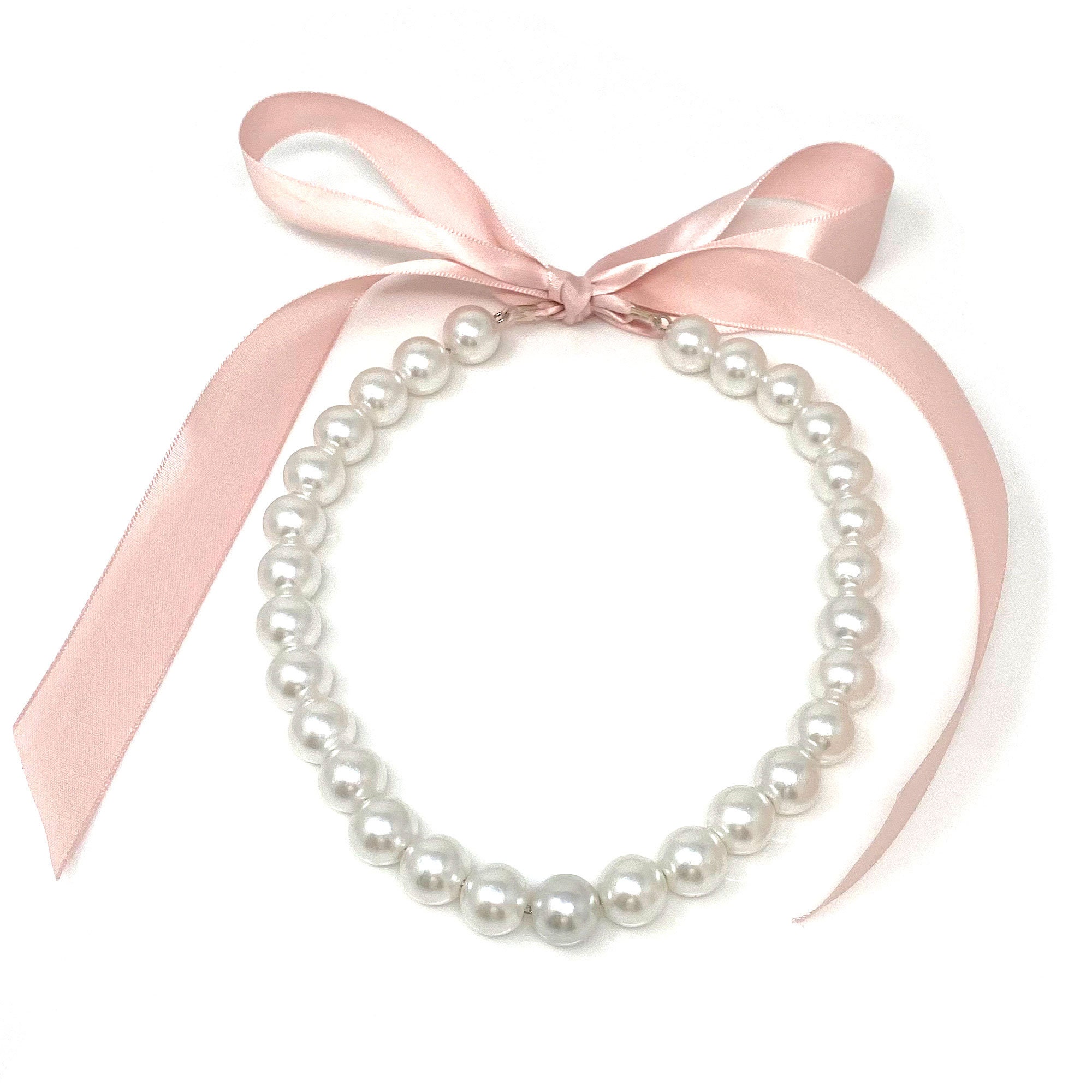 Chunky Pearl Ribbon Necklace • Blush Pink Satin Ribbon Tie