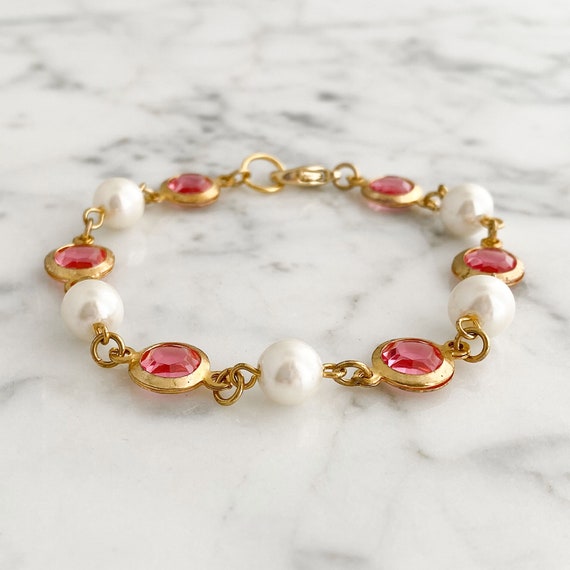 Gold, Pearl and Pink Crystal Bracelet; Your Choic… - image 2
