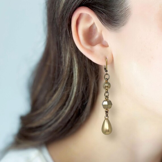 Lightweight Bronze Dangle Earrings, Oxidized Gold… - image 1
