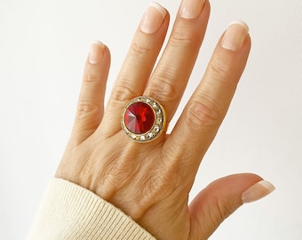 Statement Red Cocktail Ring, Made From a Vintage Clip On Earring, Massive Ring, Adjustable Size 8 Ring, Red Rivoli Crystal Ring, R2203