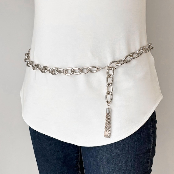 Chunky Vintage Silver-Tone Link Chain Belt with Lobster Clasp by NY & Co Black and Textured Silver Vintage Chain Link Belt 44 main image 2