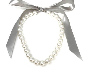 ★ROSEMONT★ Silver Ribbon Pearl Necklace RA24C43J Ribbon Necklace
