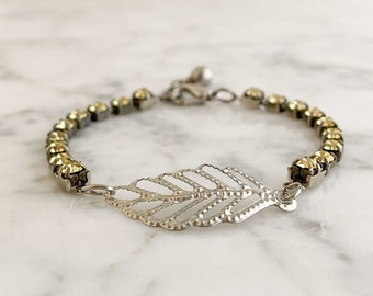 Yellow Rhinestone and Silver Leaf Bracelet, Vintage Silver Cup Chain with Citrine Yellow Rhinestones paired with a Silver Tone Filigree Leaf