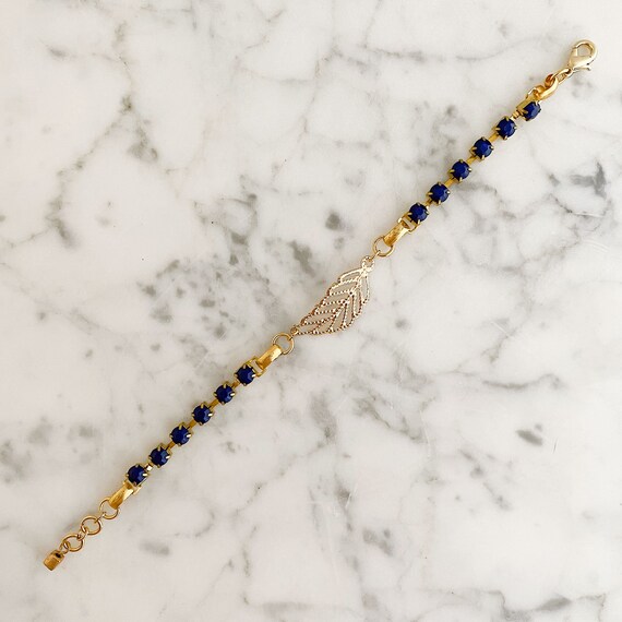 Blue Rhinestone and Gold Leaf Bracelet, Vintage B… - image 4