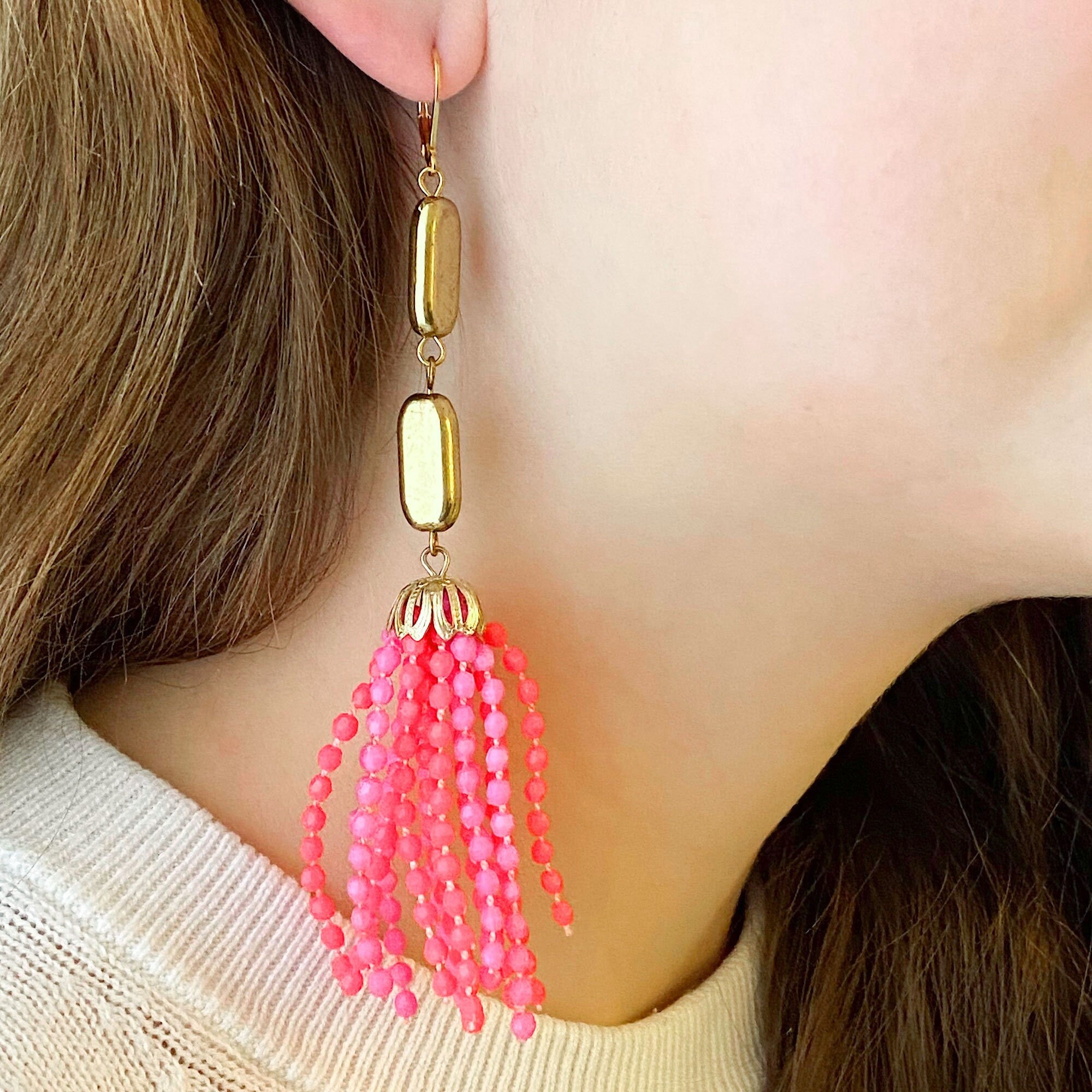 Pink beaded cheap tassel earrings