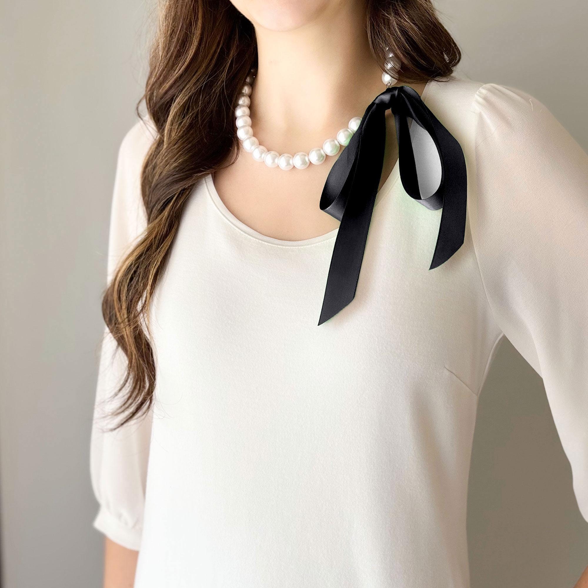 Chunky Pearl Ribbon Necklace • Black Satin Ribbon Tie • White